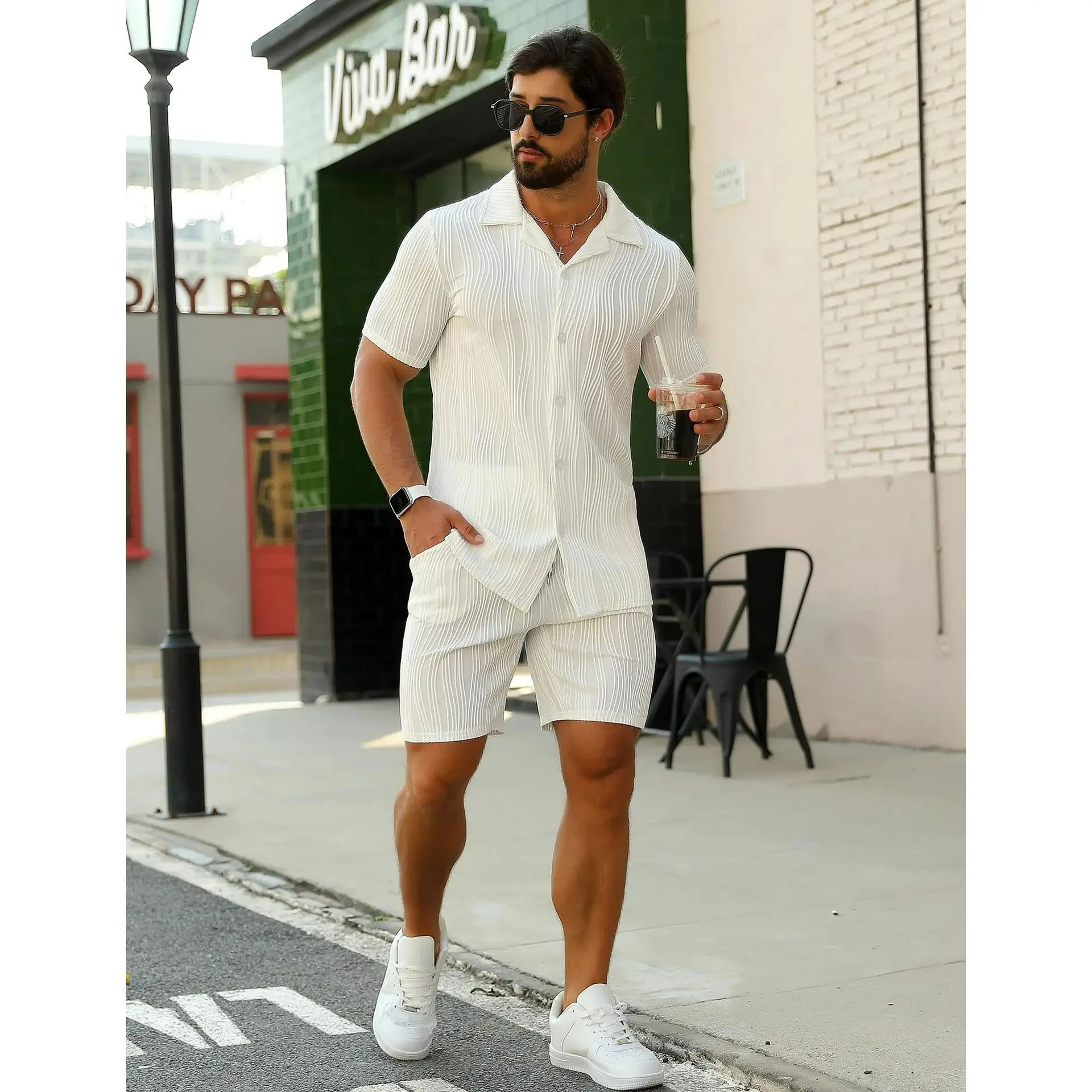 

Новая мужская летняя волнистая повседневная спортивная дышащая однотонная модная уличная рубашка с короткими рукавами и шорты с лацканами