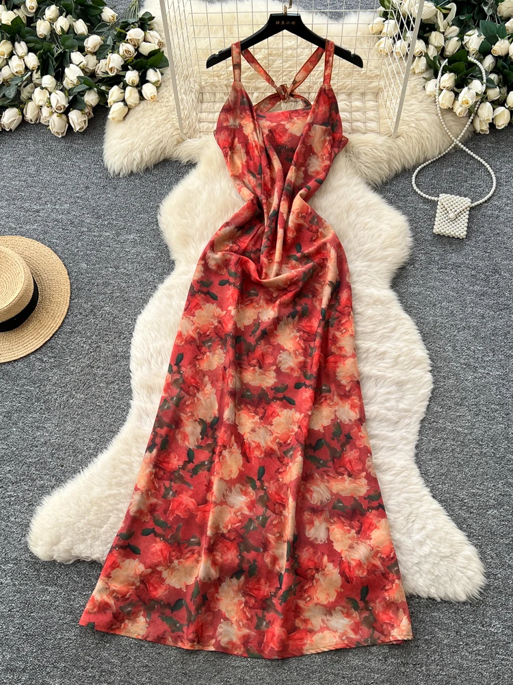 

Ретро-юбка с красным цветочным принтом, сексуальная, на бретельках, для пляжа и отпуска, с завышенной талией, А-силуэт, летняя, из полиэфирного волокна, женская