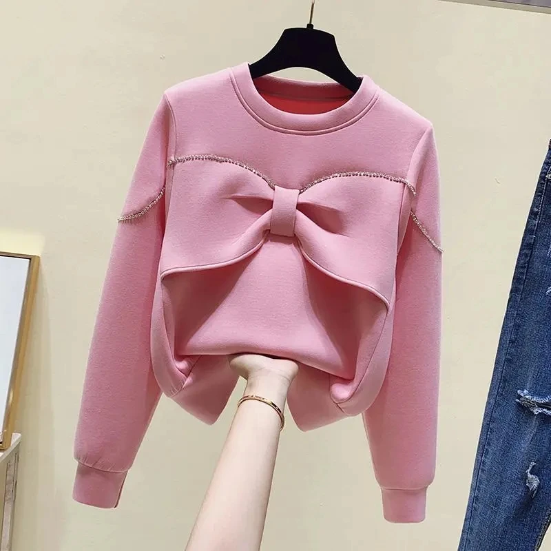 

Spring Autumn Winter Hoodie Female Top 2024 New Round Neck Diamond Design Feeling Fashion Versatile Bow Sweater Sports Shirt