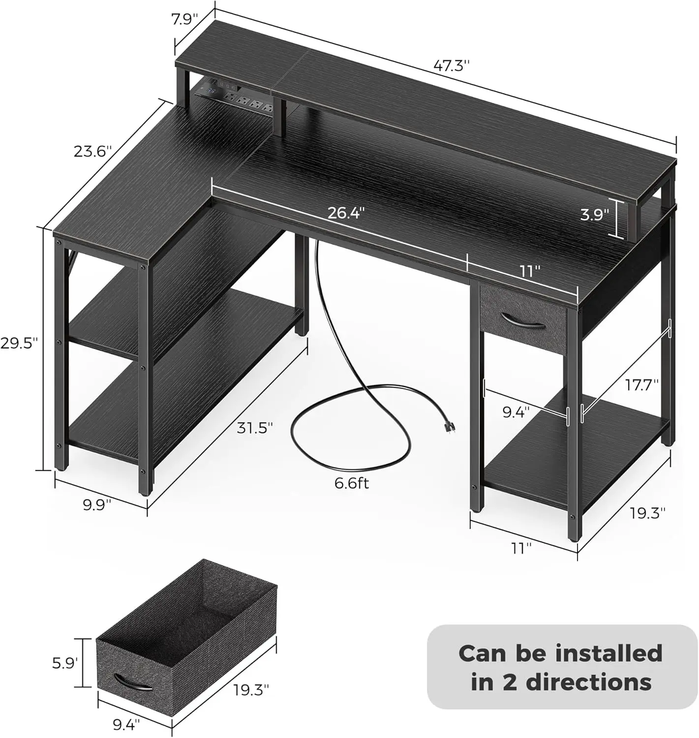 Escritorio reversible en forma de L de 47 pulgadas con luces LED y tomas de corriente, escritorio para computadora con estantes y soporte para monitor, Gaming D