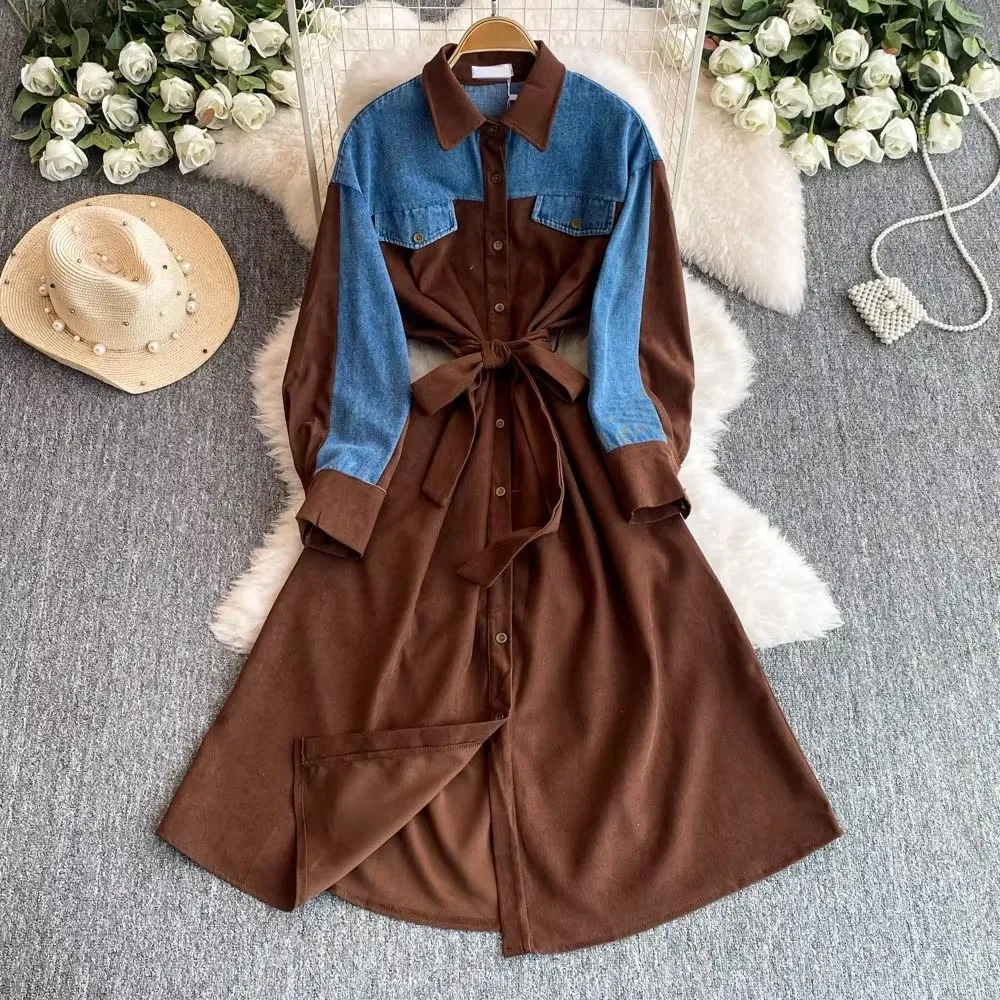 Patchwork Denim Women 2025 Vestidos Lace-Up Tunic Dresses Laple Dress Long Sleeve Vestido Femininos Hong Kong Style Clothing