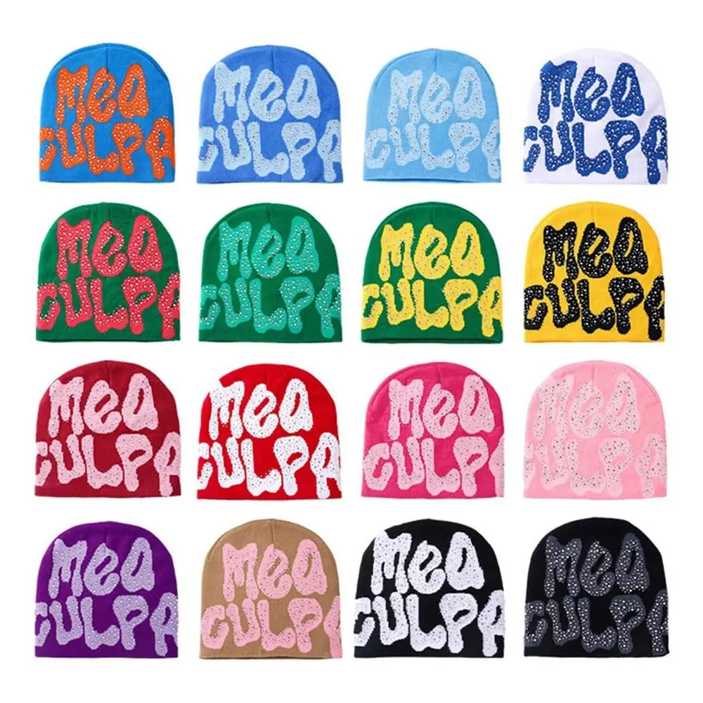Trendy Stretch MEA Culpa Beanies Hat with Rhinestone Warm Knitted y2k Beanies Hats Soft Slouchy Cap for Women Men