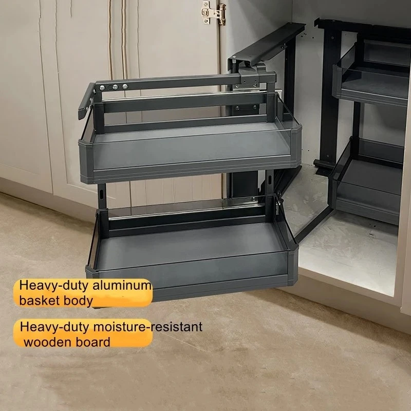 Multifunctional Built‑in Corner Pull Out Basket, Kitchen Cabinet Pull‑out Organizer Rack for Blind Corner Cabinet Space Saving