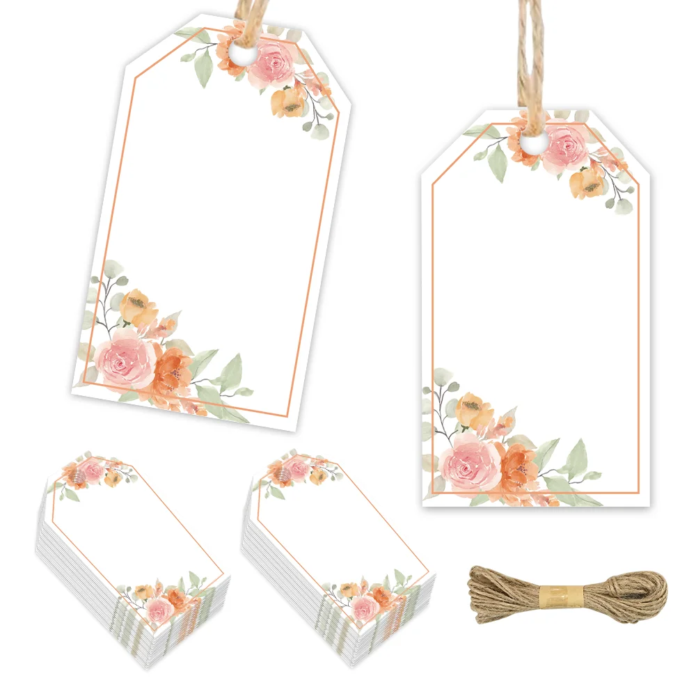 40 buah label bunga kosong untuk hadiah, pernikahan, pesta pra-ikah, ulang tahun, kartu pesan, kartu ucapan, dengan tali goni termasuk.