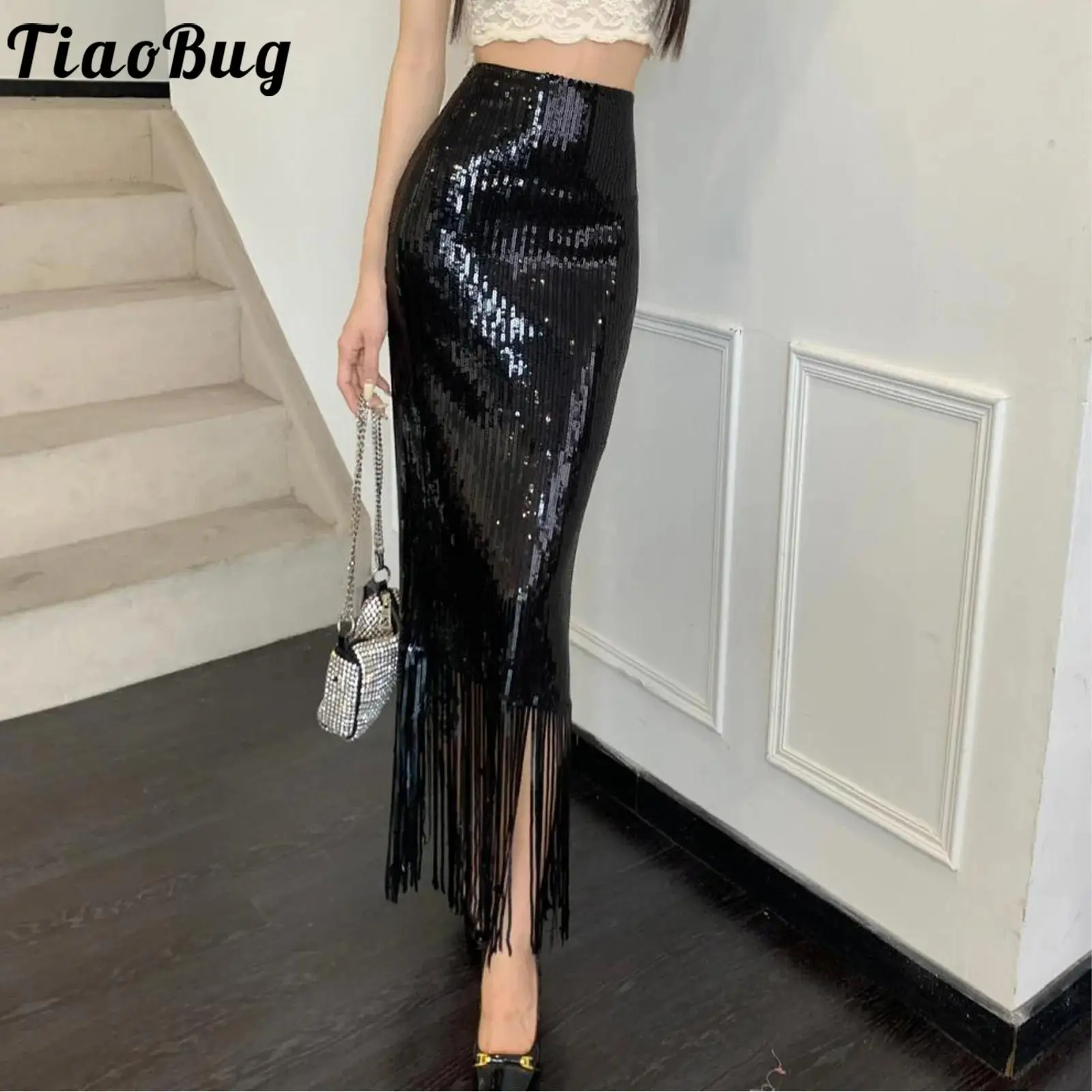 

Women Sequin Shiny Bodycon Skirt Fashion Allover High Waist Tassel Hem Midi Skirt Pencil Skirt for Party Club Night Outing
