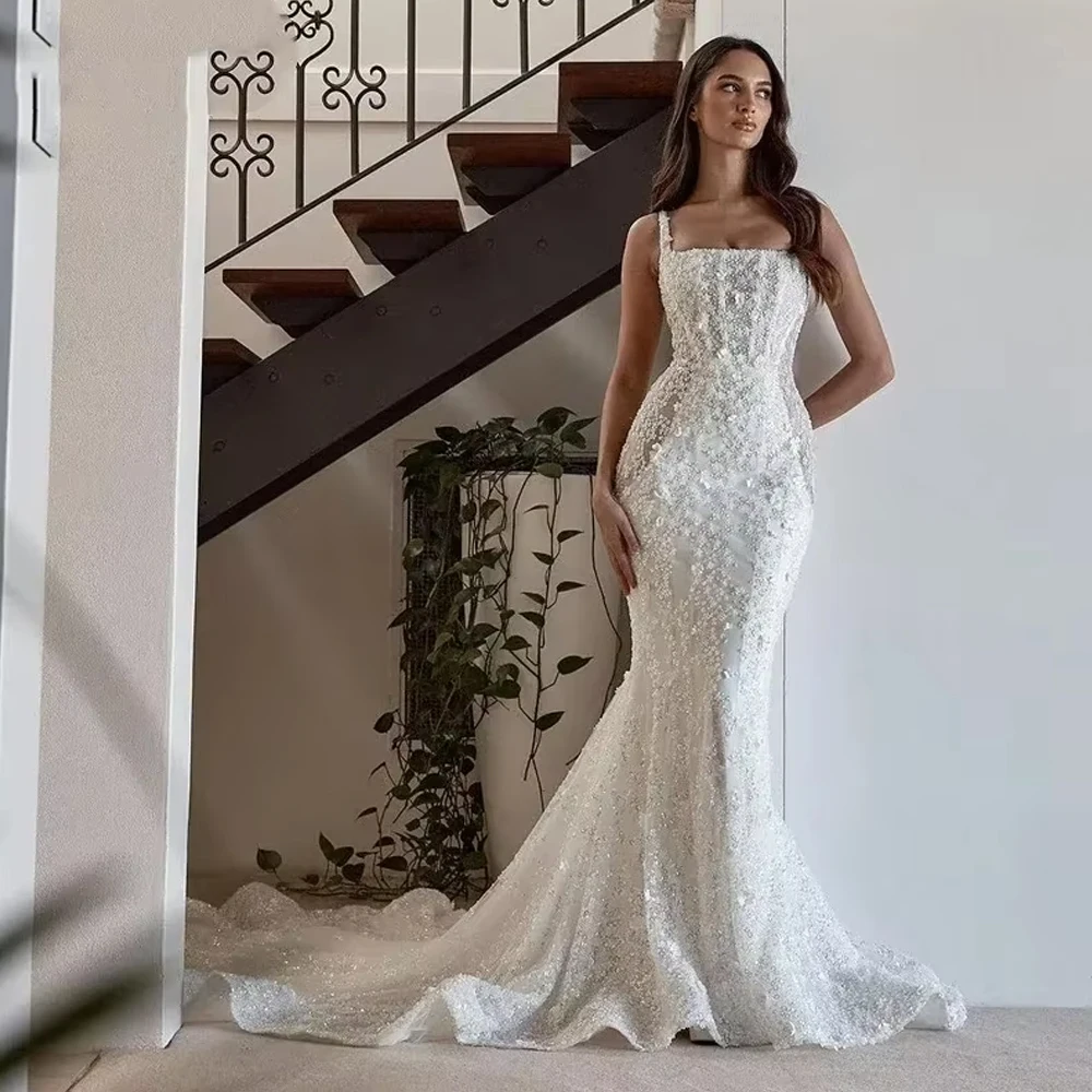 Customized Lace Mermaid Wedding Dresses Spaghetti Straps Bridal Gowns Sleeveless 3D Flower Backless Sweep  Vestido Bridal Gown