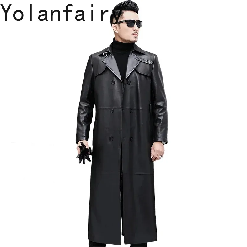 

YOLANFAIRY Genuine Leather Jacket Man Double-breasted Leather Windbreaker Mens Jacket Extra Long Sheepskin Leather Trench Coat