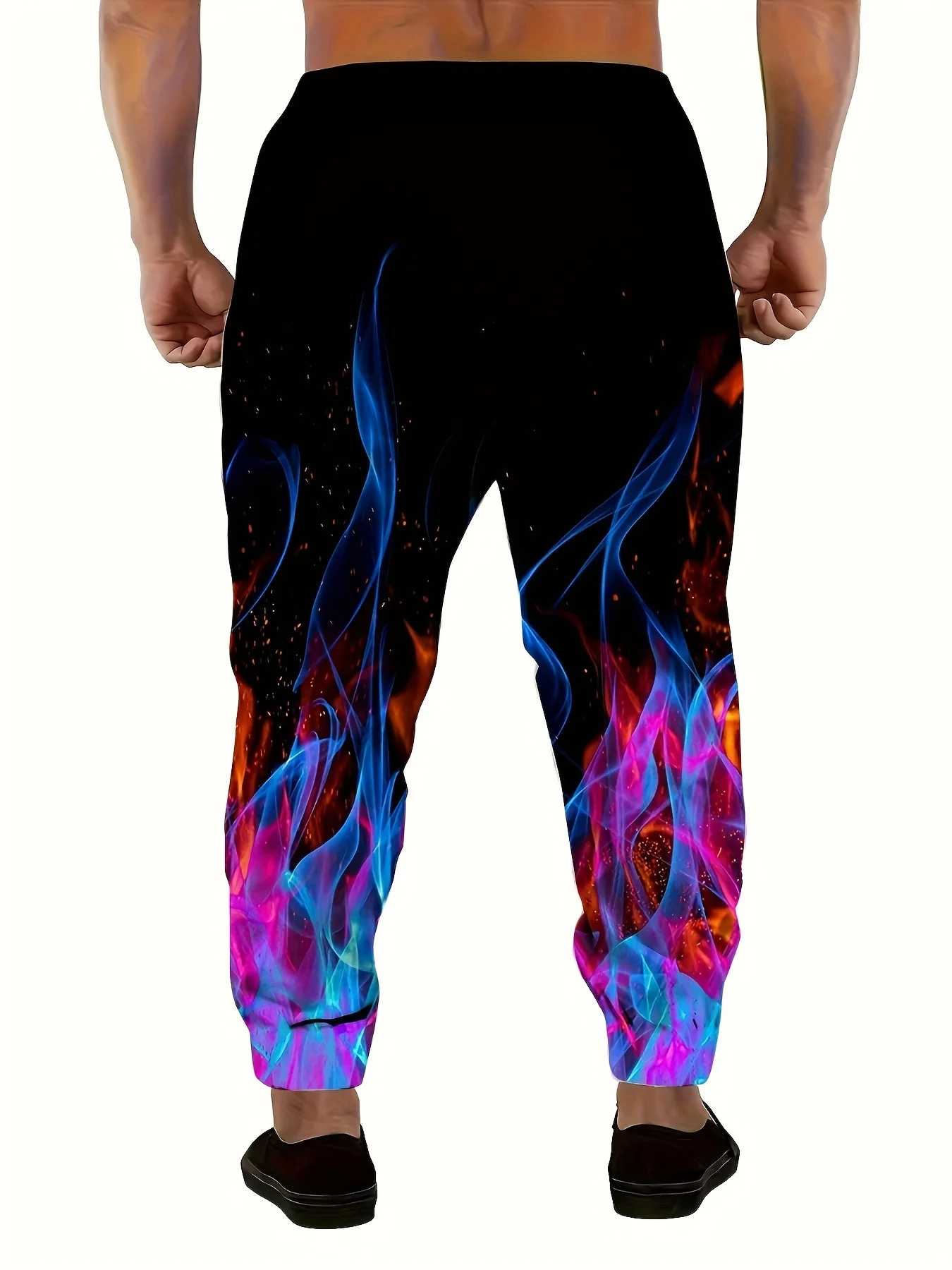 Flame Pattern Sports Pants 3D Color Flame Pattern Printed Men's Sports Pants - Fashionable Pants with Drawstring and Pocket