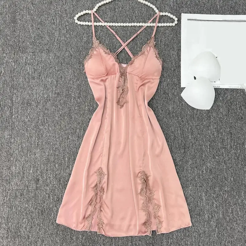 

Сексуальная ночная сорочка с открытой спиной, домашнее платье, кружевная женская комбинация, шелковистая атласная ночнушка, халат, домашняя одежда для отдыха