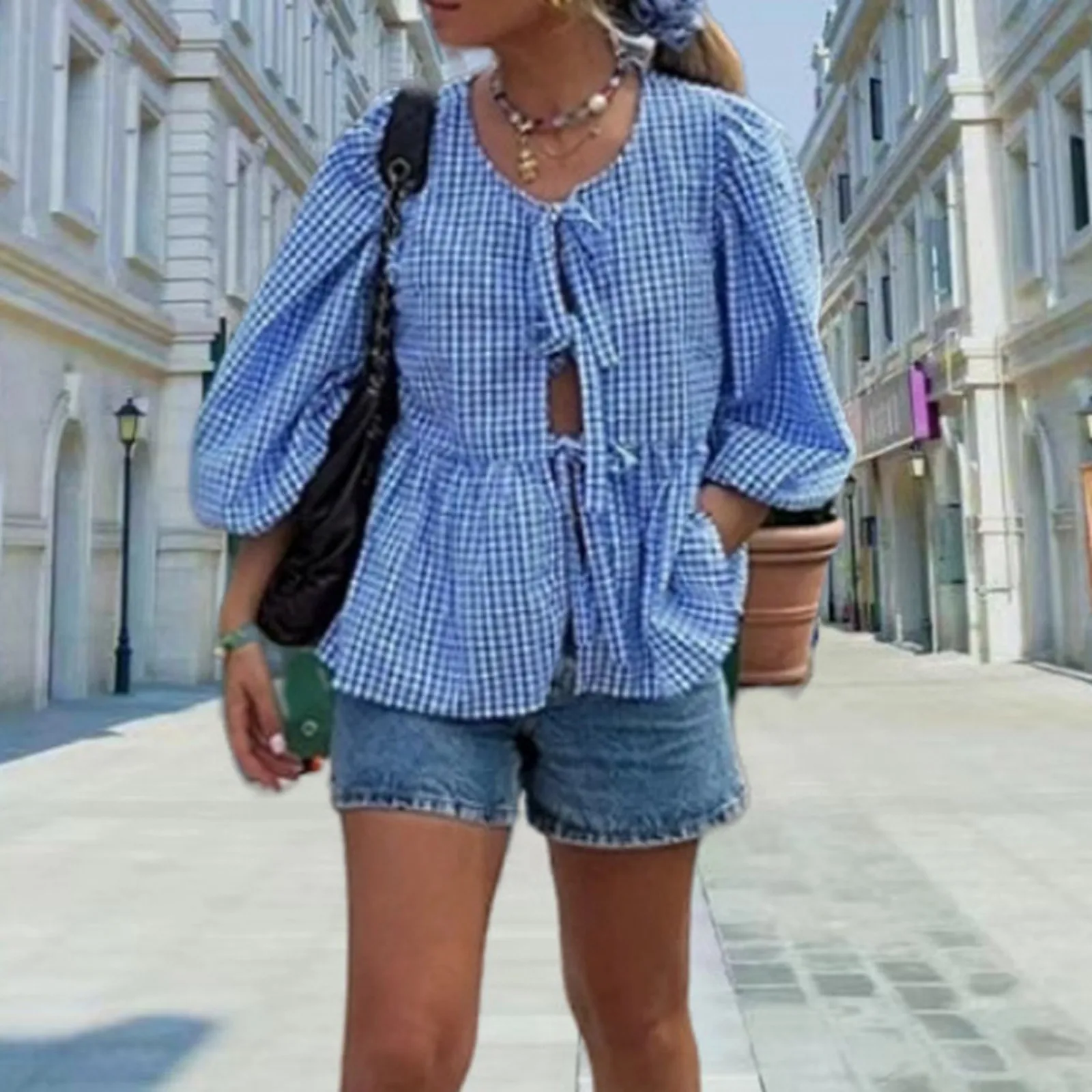 2024 Spring Summer New Women\'s Shirt Fashion Stripe Printed Bubble Short Sleeve Blouse Front Tie Ruffle Hem Loose Shirt Blouse