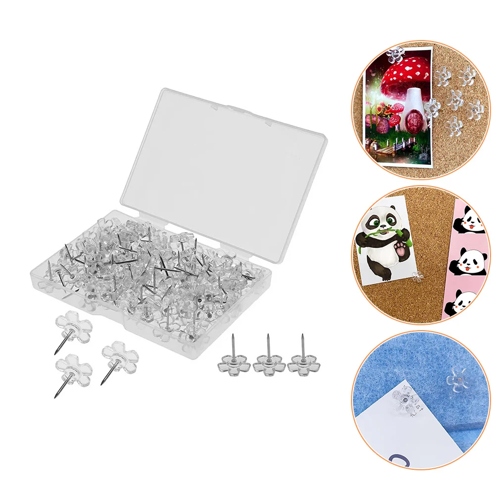 100 Transparent Flower Push Cute Decorative Thumb Tacks for Cork Board Wall Desk Office Supplies Safe Photo Display