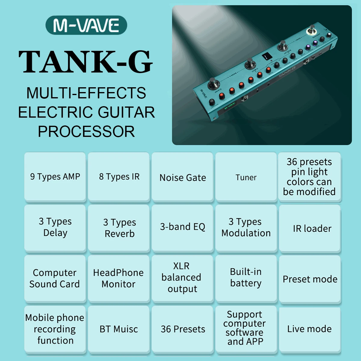 M-VAVE TANK-G Guitar Multi-Effects Processor - 36 Presets, 9 Preamp, 8 IR, USB Audio, BT, 12Hrs, XLR, 613g, for Guitarists