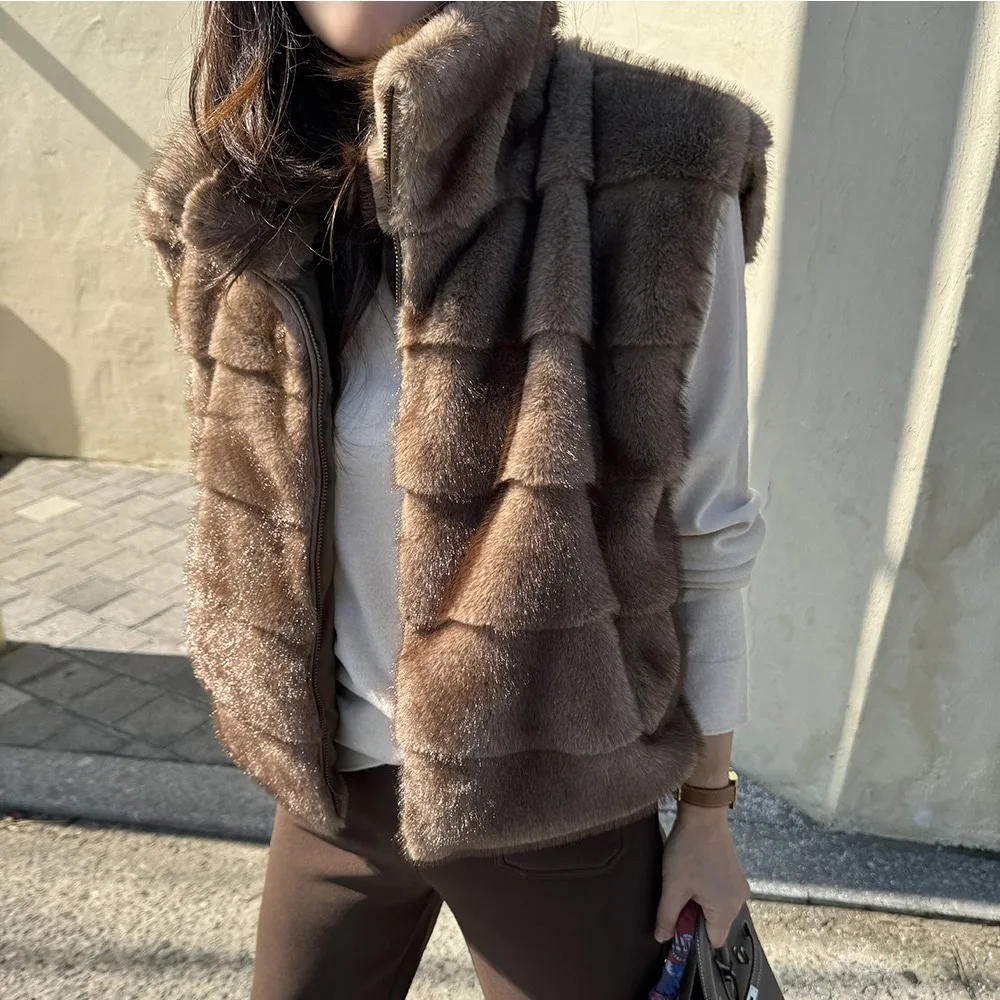 Retro Korean Style Stand Collar Fake Fur Vest Women's Autumn Winter Warm No Sleeve Zipper Coat Youth Commute Style Whole Skin