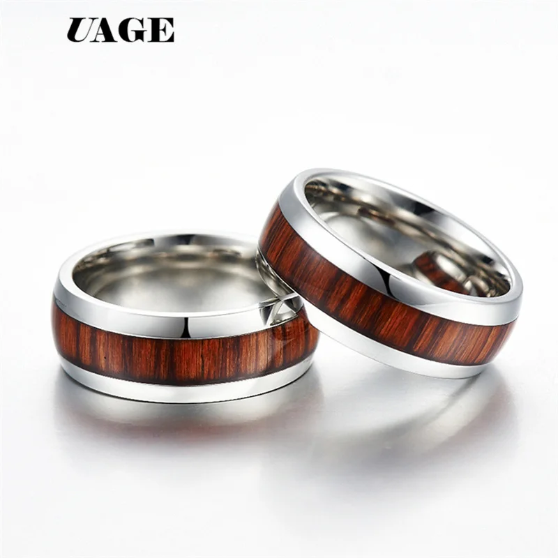 UAGE 316L Stainless Steel Finger Rings Durable Vintage Titanium Stainless Steel 8mm Ring Wood Grain Ring Jewelry for Men