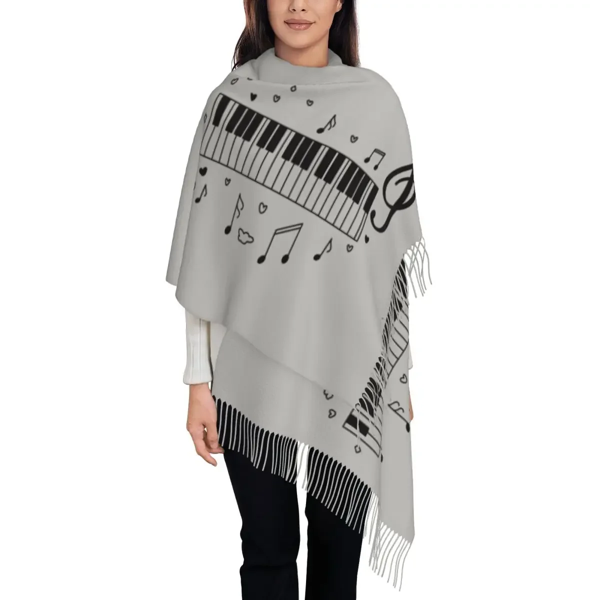 Custom Piano Keyboard Music Notes Scarf Wrap for Women Long Winter Warm Tassel Shawl Unisex Scarves