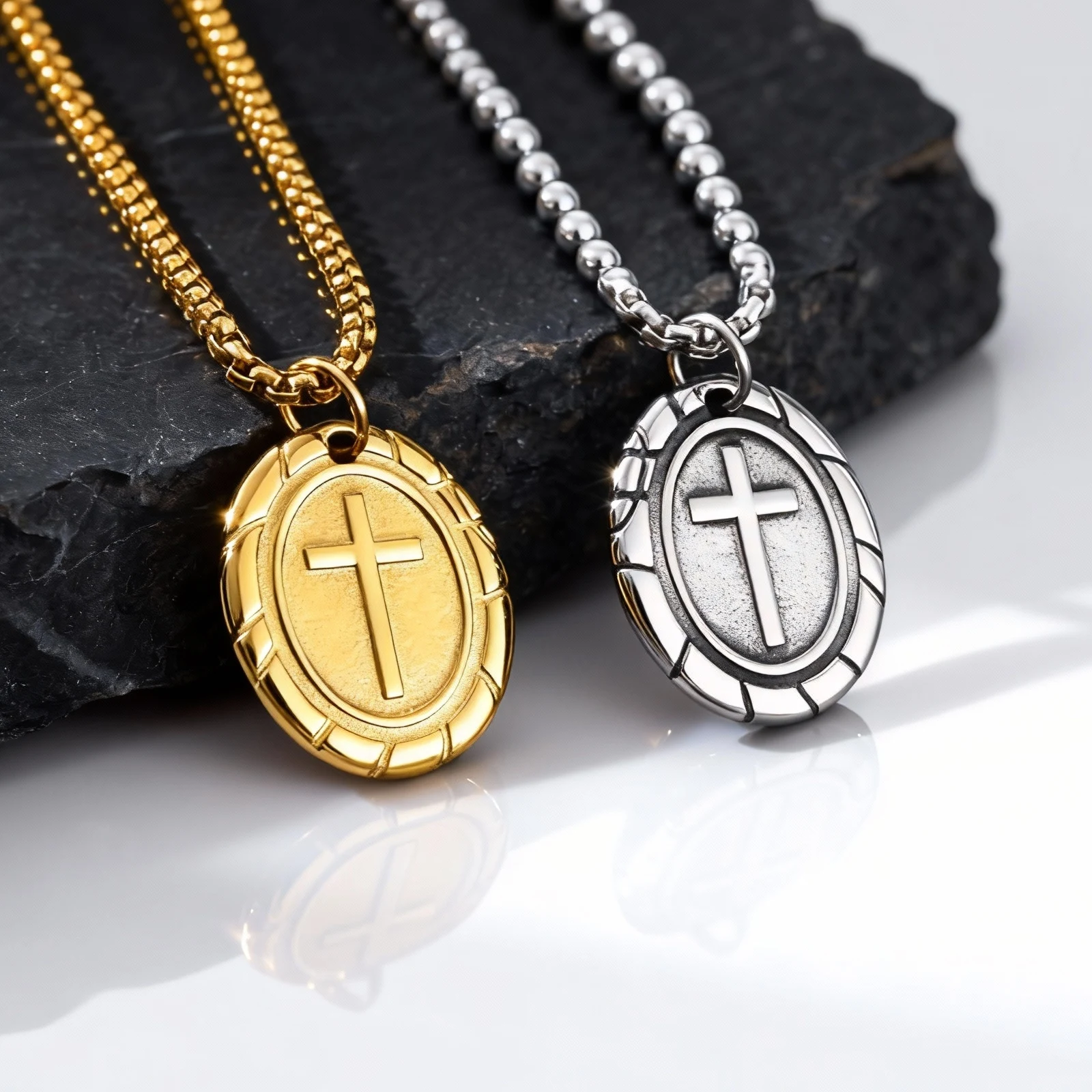 Herren Retro Silber Farbe Edelstahl Kreuz Anhänger Halsketten, Neue Punk Religiöser Glaube Kragen Geschenke für Ihn Schmuck – Detail 3