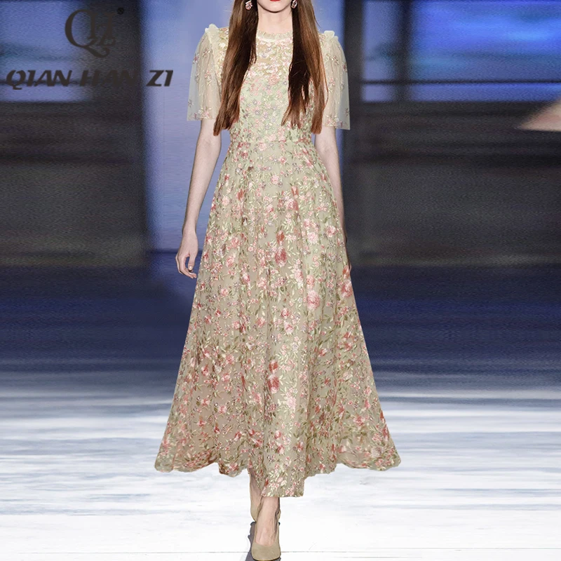 

QHZ Designer Fashion Vintage Maxi Dress Women Short sleeved high-quality flower Mesh embroidery Elegant luxury Long dress