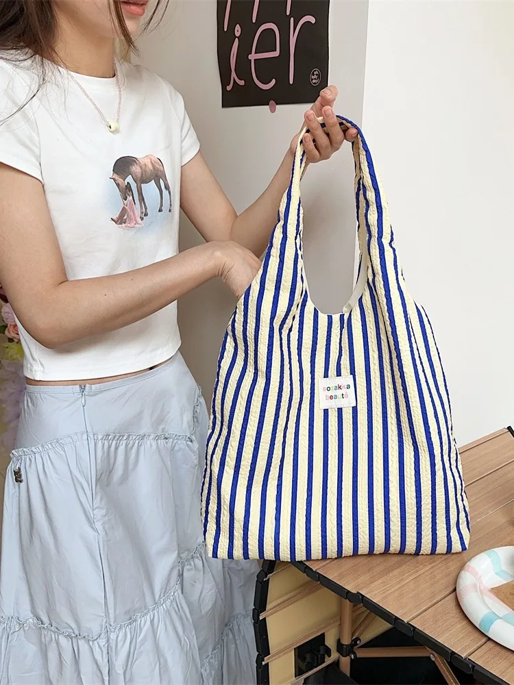 Trendy Striped Canvas Commuter Bag Women's Large Capaci oulder Bag Office Handbag Soft Tote Bag Korean Sle Summer 2025