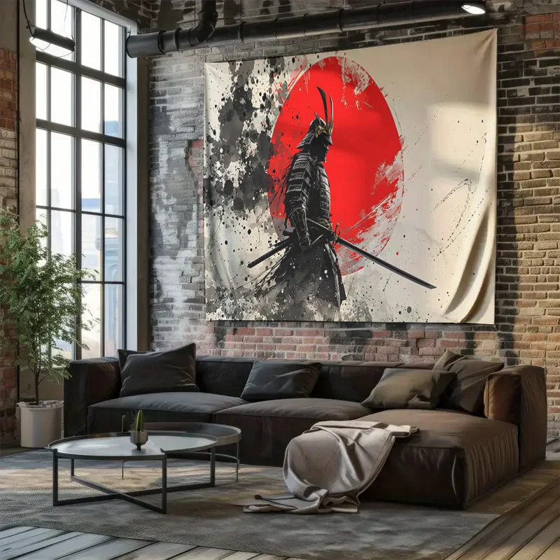 Samurai Warrior in Black Armor with Red Rising Sun Ink Splatter Wall Tapestry Machine Washable All Season Decor Print Home