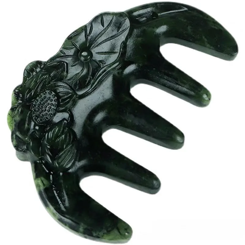 Natural Serpentine Jade Comb, Tibetan Jade Medicine King Stone Part Massage, Five-tooth Thickening Health Care Jade Comb