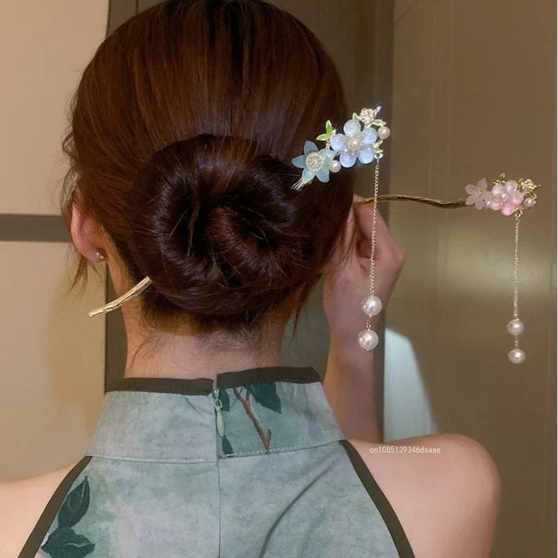 New Vintage Chinese Women's Hair Stick Metal Glaze Flowers Hair Chopsticks Ladies Imitation Pearl Jewelry Hair Accessories