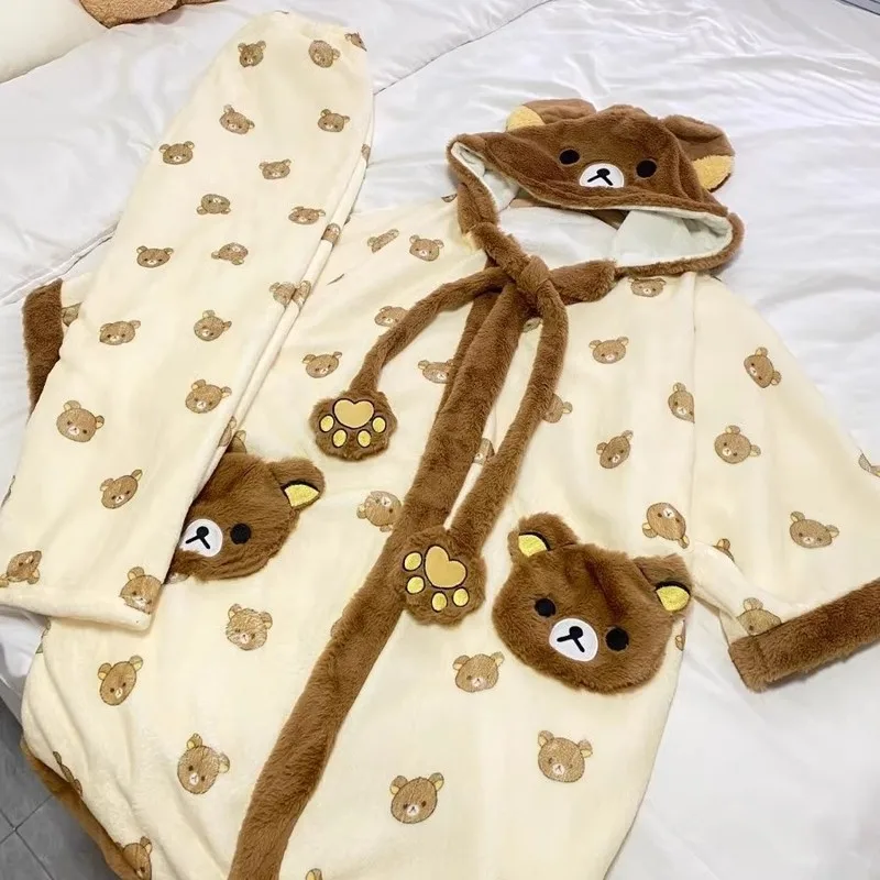 

New Rilakkuma Women's Fleece-Lined Thickened Robe Coral Fleece Flannel Hooded Pajama Loungewear Sleeping Robe And Pants Set Gift
