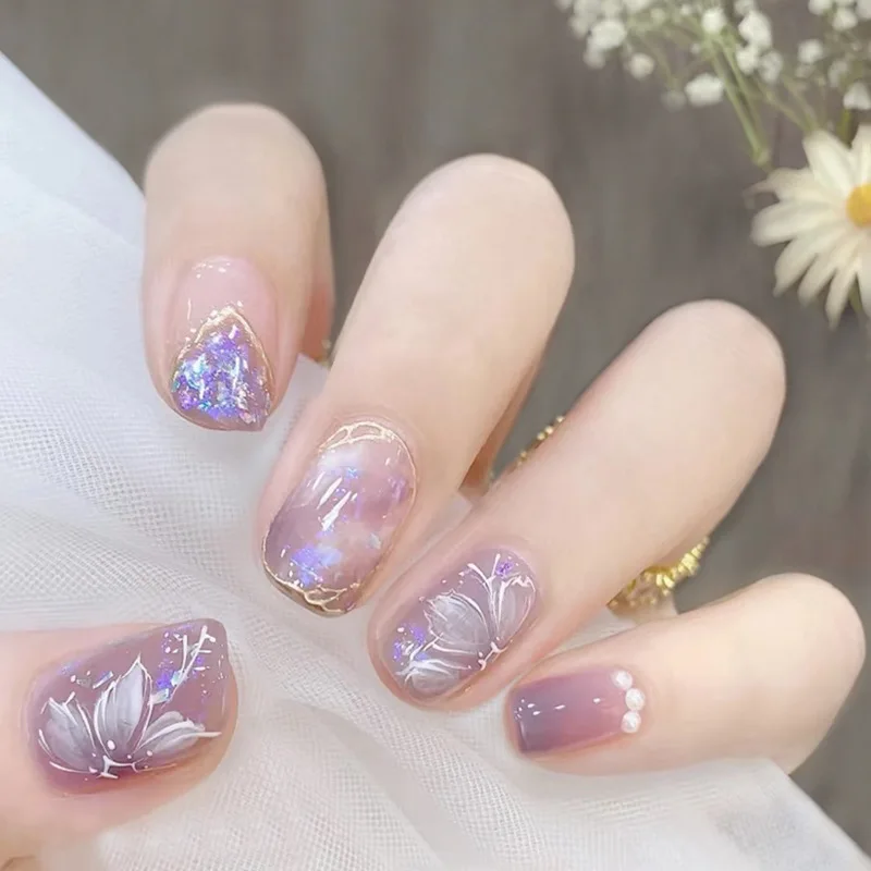 24Pcs Glitter Tips Square Nails False Purple Gradient Pearl Flower Press on Nails Art Gilded Full Short Ballet Design Fake Nail