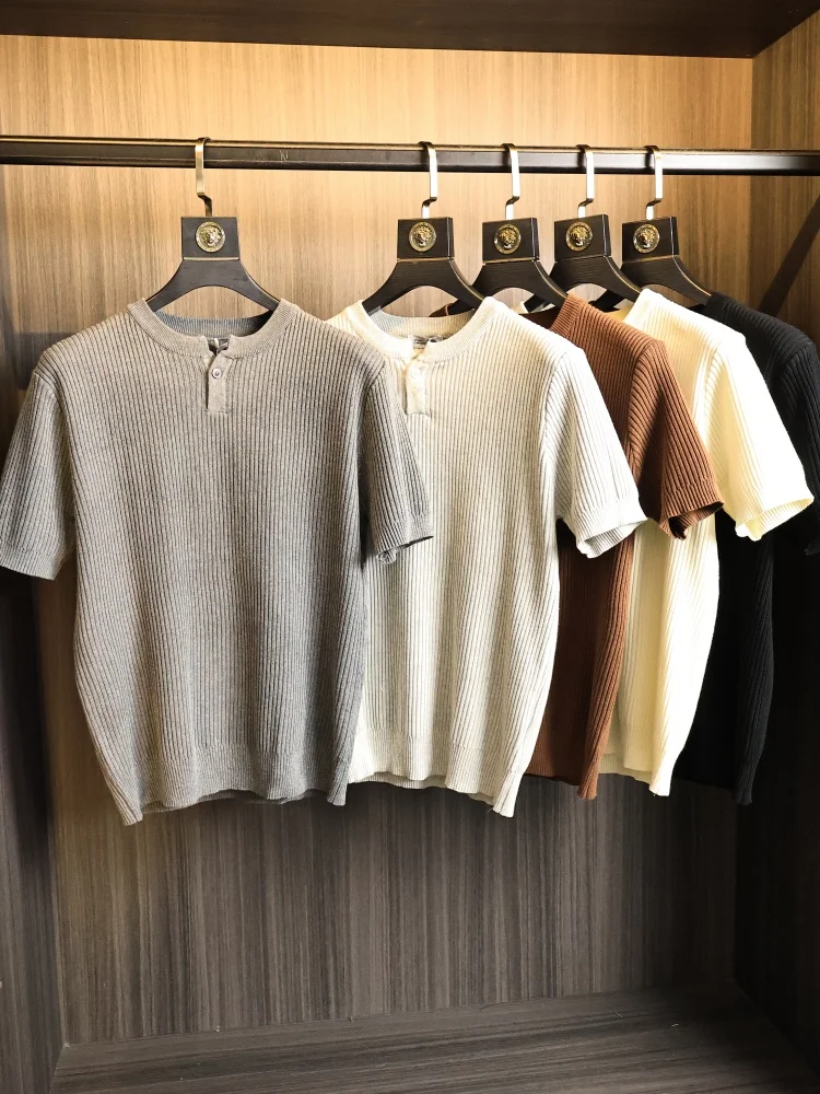 

Men's Casual Knitted Short Sleeve T-Shirt Vertical Stripe Texture American Retro Henry Collar Summer Comfortable Breathable C...