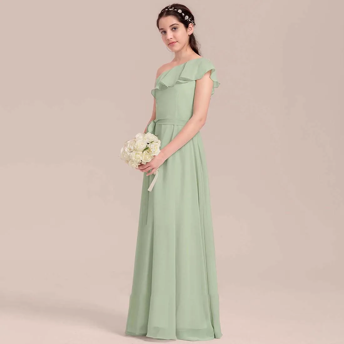 YZYmanualroom Chiffon Junior Bridesmaid Dress With Cascading Ruffles A-line One Shoulder Floor-Length 2-15T