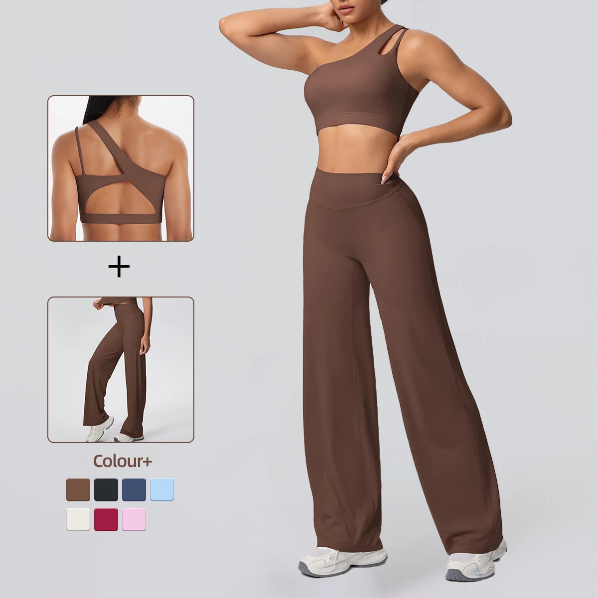 Women's Sports Suit Solid Color Sexy Slant Shoulder Bra Yoga Underwear with Chest Pad High Stretch Loose Wide Leg Pants Yoga Set