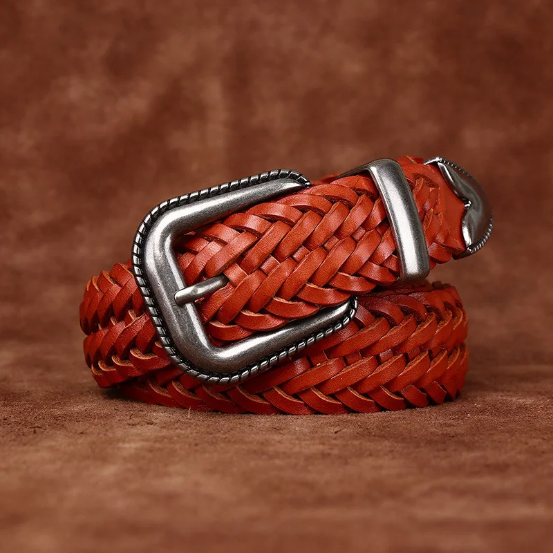 

3.2cm Men's Hand Woven Genuine Leather Belt Women's Fashion Trend Woving Belts Versatile Pure Cowhide Needle Buckle Unisex Belt
