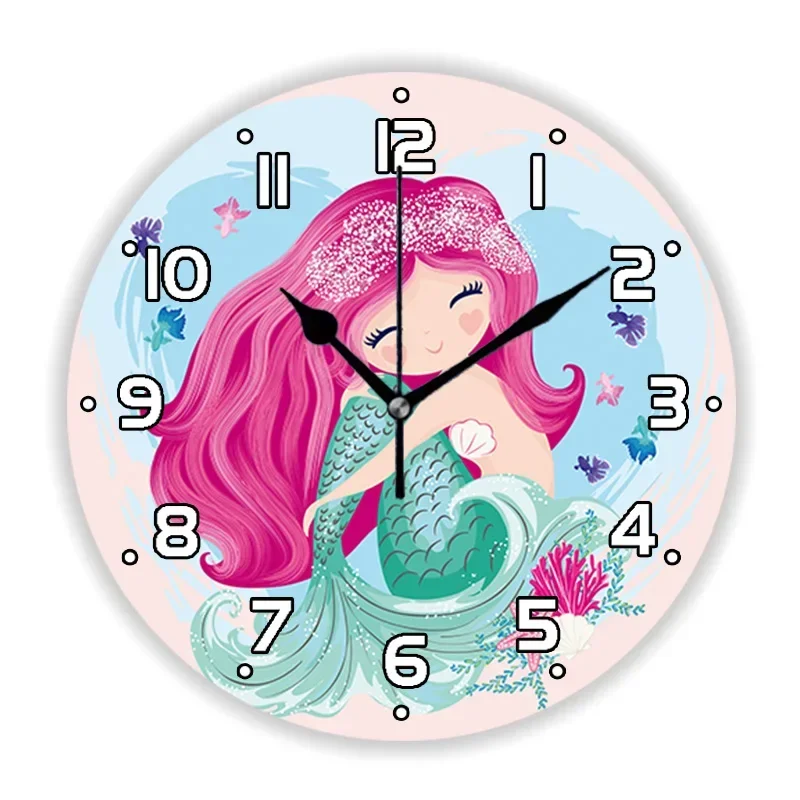 Girly Cute Cartoon Mermaid Wall Clock for Kid Bedroom Girl Nursery Little  Art Large  Watch Home Decor Daughter Gift