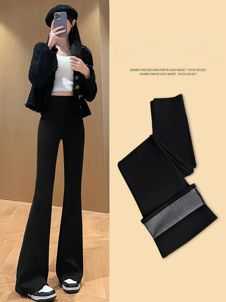 High Waist Shark Flared Pants for Women Skinny Elastic Yoga Fleece Leggings Spring Autumn Wear 2025