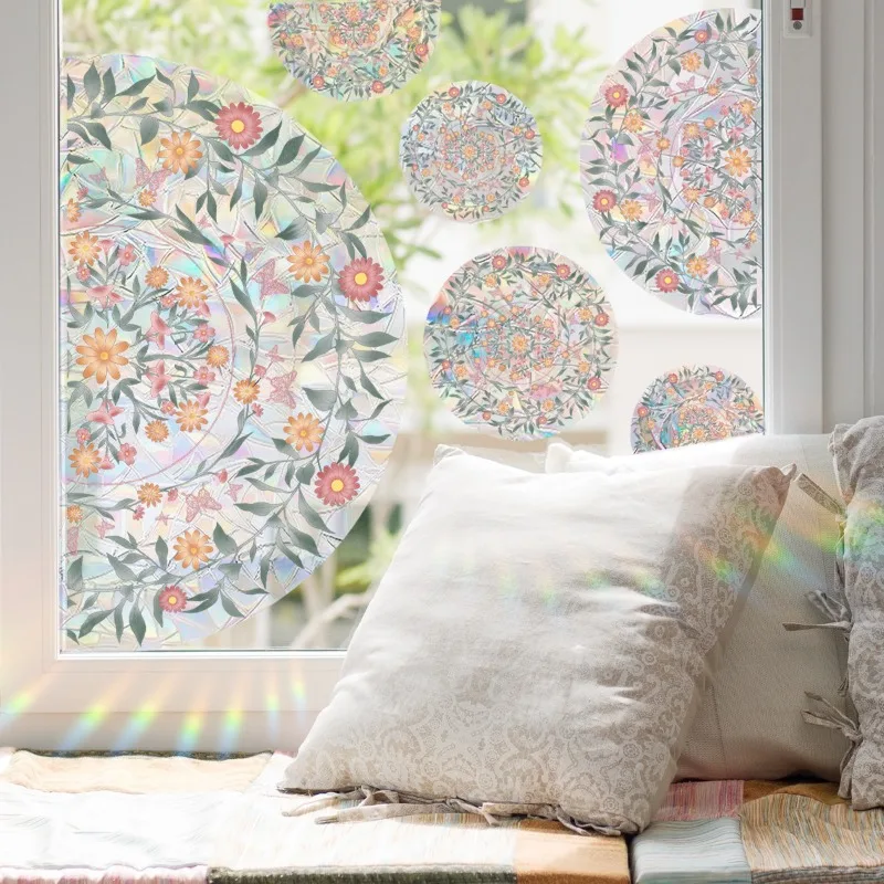Round Floral Window Stickers Colorful Sunlight Electrostatic Stickers Glass Showcase Stickers Home Background Window Decoration