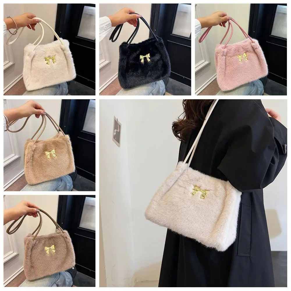 

Cream Color Plush Bow Shoulder Bag Large Capacity Solid Color Vacation Tote Bag Office Worker Tote Korean Style Shoulder Bag