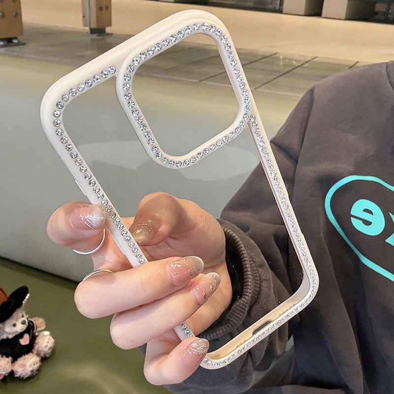 حافظة فاخرة مرصعة بالجواهر لهاتف آيفون إير 17 16 15 14 13 12 برو ماكس بلس فتاة موضة لون الحلوى غطاء صلب هجين شفاف ناعم