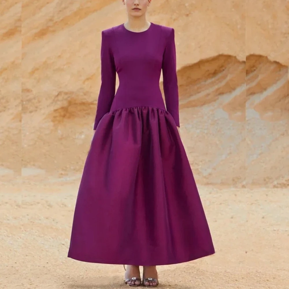 Eenvoudige Midi Avondjurk voor Vrouwen O-hals Lange Mouwen A-lijn Plooi Jersey Avondjurken Enkellange Feestjurken Op maat