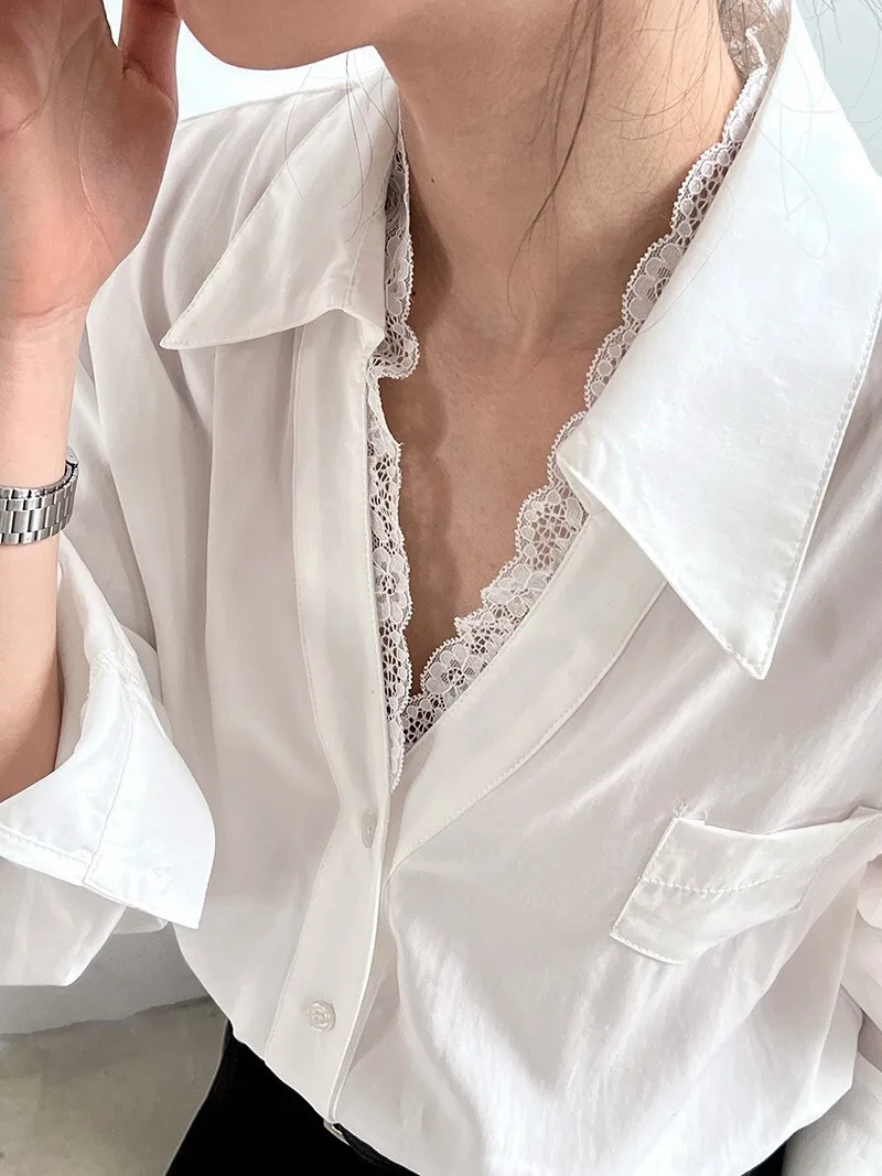 BJTZ ラペルレーススプライシングシャツ & ブラウス女性のための 2025 春夏新気質カジュアル女性シャツトップ