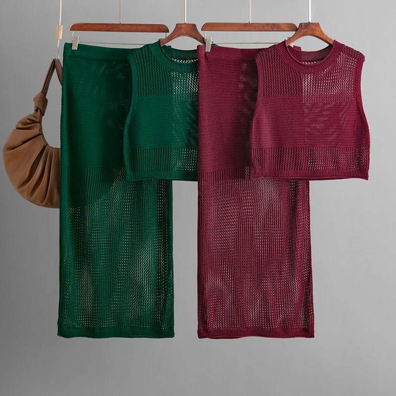 

New Spring Summer Hollow Out Beach Skirts Outfits for Women Knit Tank Tops Skirts with Slit Sexy Long Skirts Sets Women 2 Piece