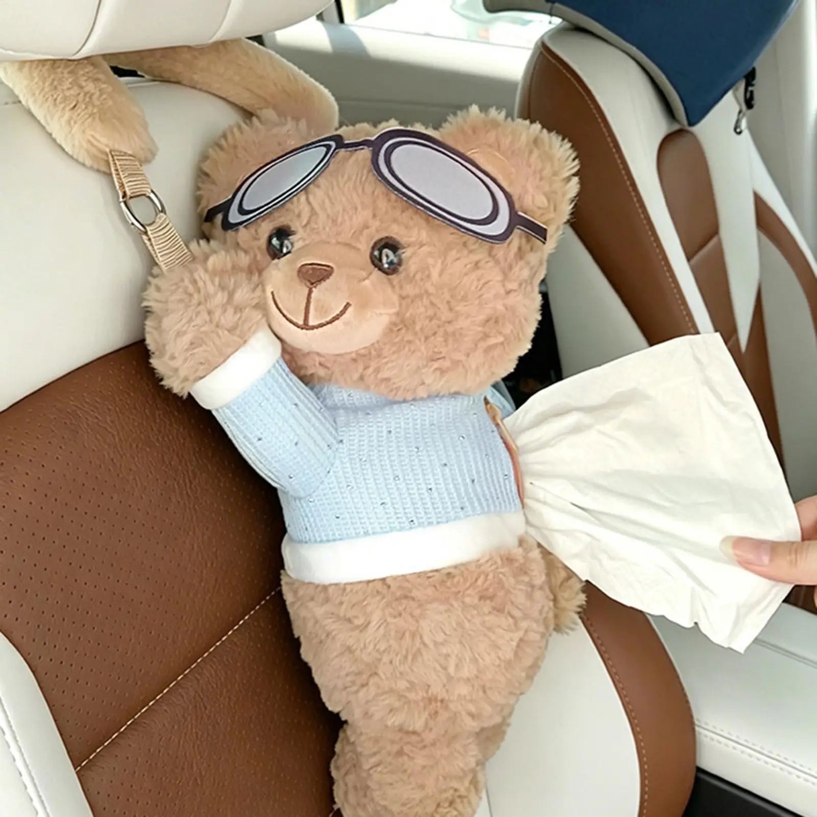 Car Tissue Box Holder Soft Cute Bear Napkin Organizer Auto Plush Napkin Holder for Seat Back Headrest SUVs MPVs Trucks
