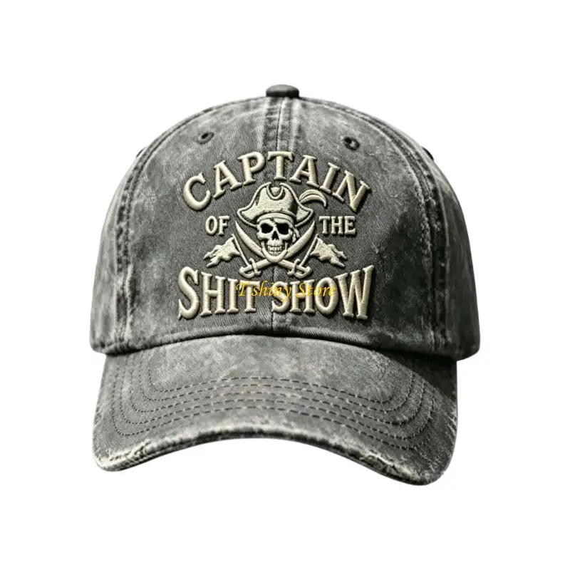 N58F Cotton Embroidered Baseball Cap with Distressed Bill, Pirate Skull Hat for Open Air Outings and Casual Travel Wear