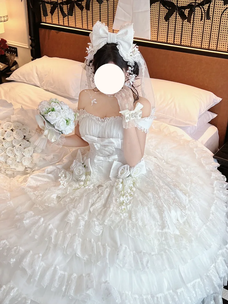 Vintage White Lolita Wedding Dress Strapless Big Bow 3D Rose Pearl Multi-Layer Lace Gown Princess Bridal Photo Shoot Costume