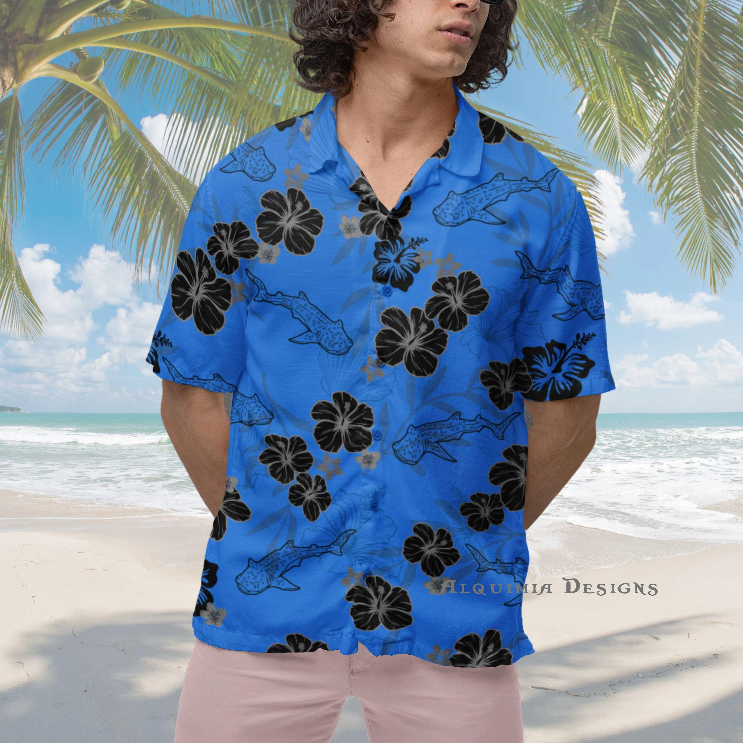 

New Tropical Whale Shark Hibiscus Hawaiian Shirt For Women Blue Floral Print Short Sleeve Casual Beach Tops men's clothing