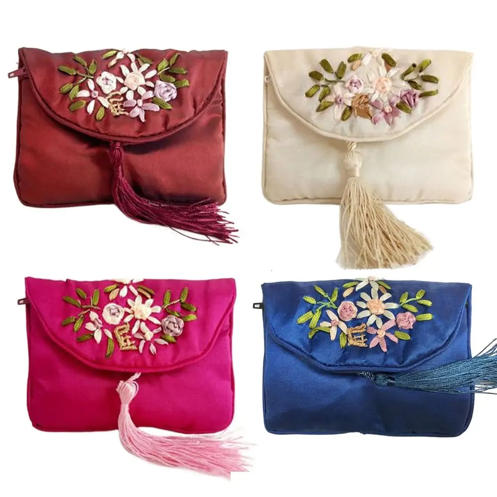 Embroidered Flower Women Tassels Handbags Retro Handmade Zipper National Small Bag Card storage Ethnic Style Coin Purse