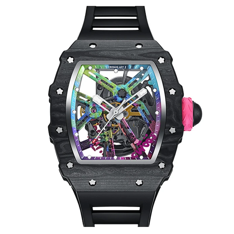 

CRONUSART мужские автоматические часы Tonneau корпус из углеродного волокна механические наручные часы светящийся ремешок из фторкаучука скелетонизированный циферблат