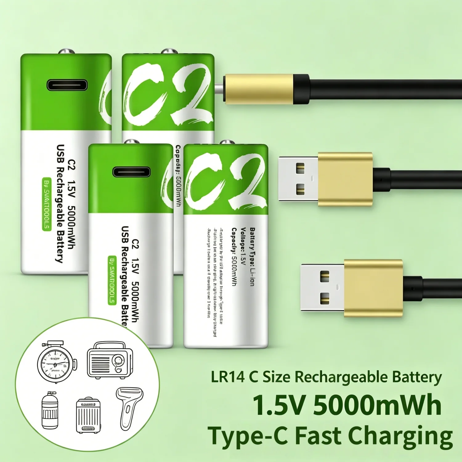 

1.5V LR14 C Size Rechargeable Lithium Battery 5000mWh with Type-C Fast Charging Cable for Water Gas Meter Radio Electric Shaver