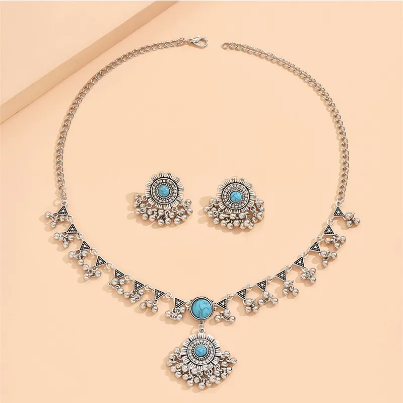 Kymyad Vintage Ethnic Crystal Jewelry Sets For Women Vintage Metal Ball Beads Tassel Choker Necklace Earrings Set Jewelry