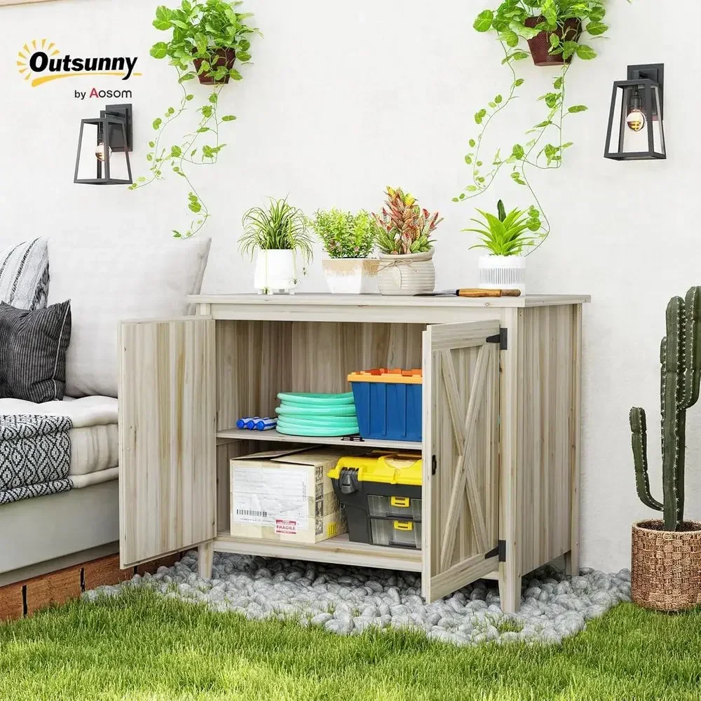 Natural Wood Compact Outdoor Storage Cabinet with Shelving and Double Doors for Garden, Patio, and Lawn