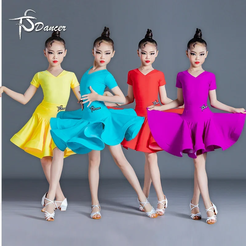 

customized Latin dance dress girls competition dressshort sleeved V-neck professional standard dress big skirt performance dress