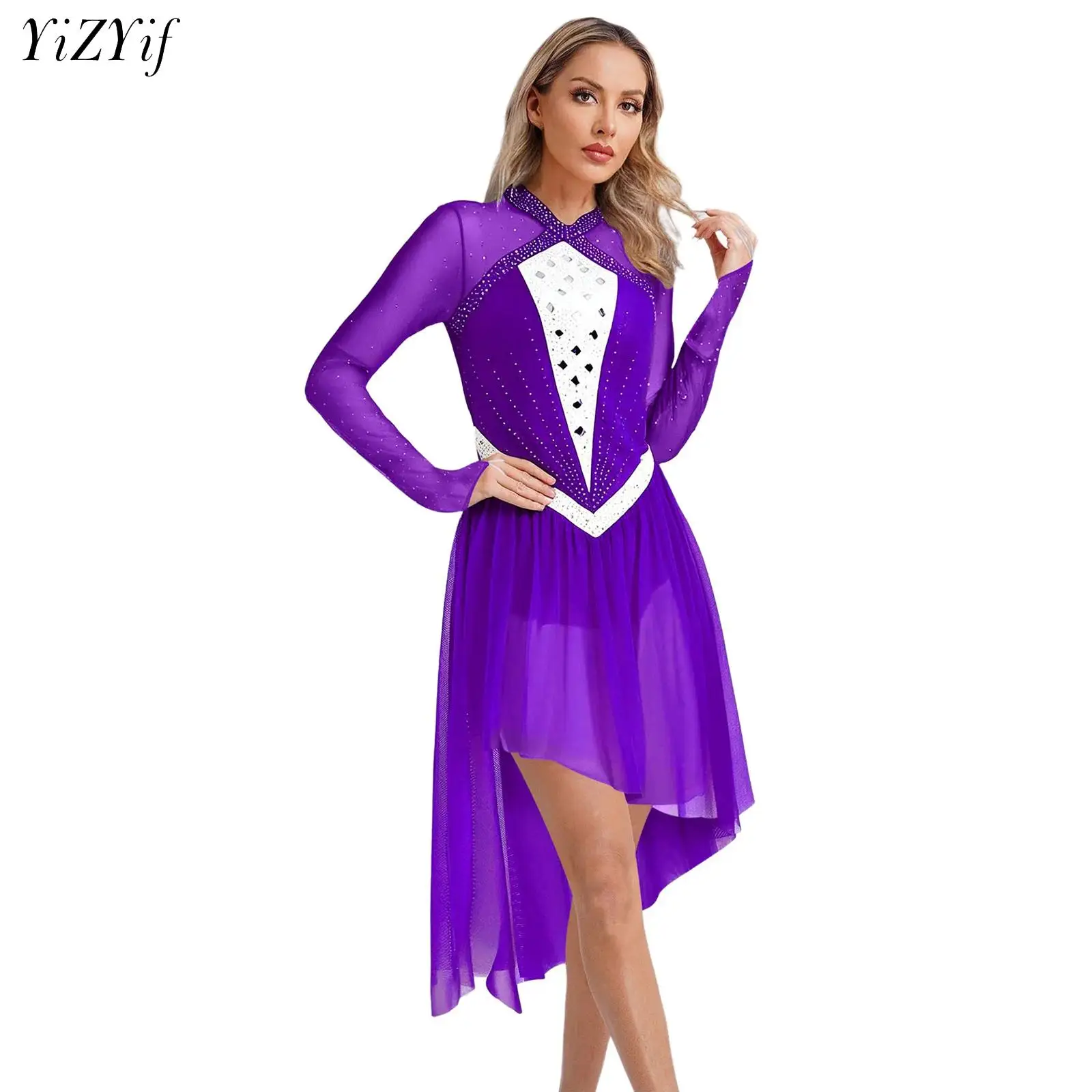 

Womens Figure Ice Skating Stage Costume Modern Lyrical Dance Contemporary Dresses Sleeveless Sheer Mesh Ballet Leotard Dress